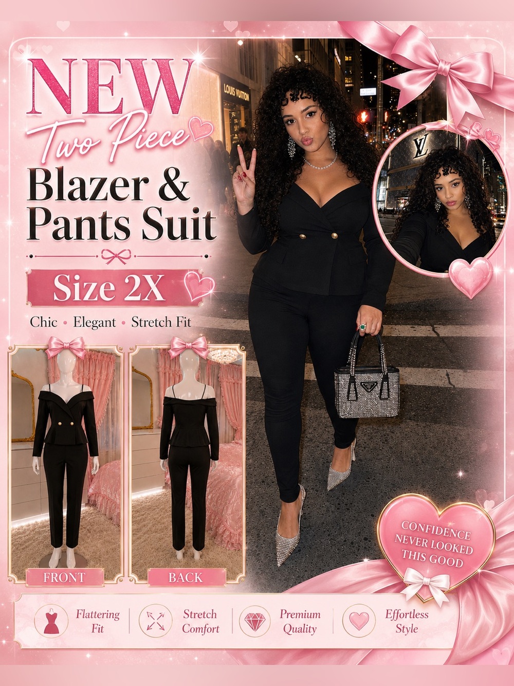 Black off shoulder blazer and pants two piece 2X